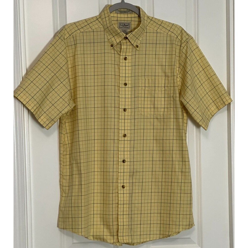 L.L. Bean Short Sleeve Button Down Shirt Men's Size M Yellow Plaid 100% Cotton